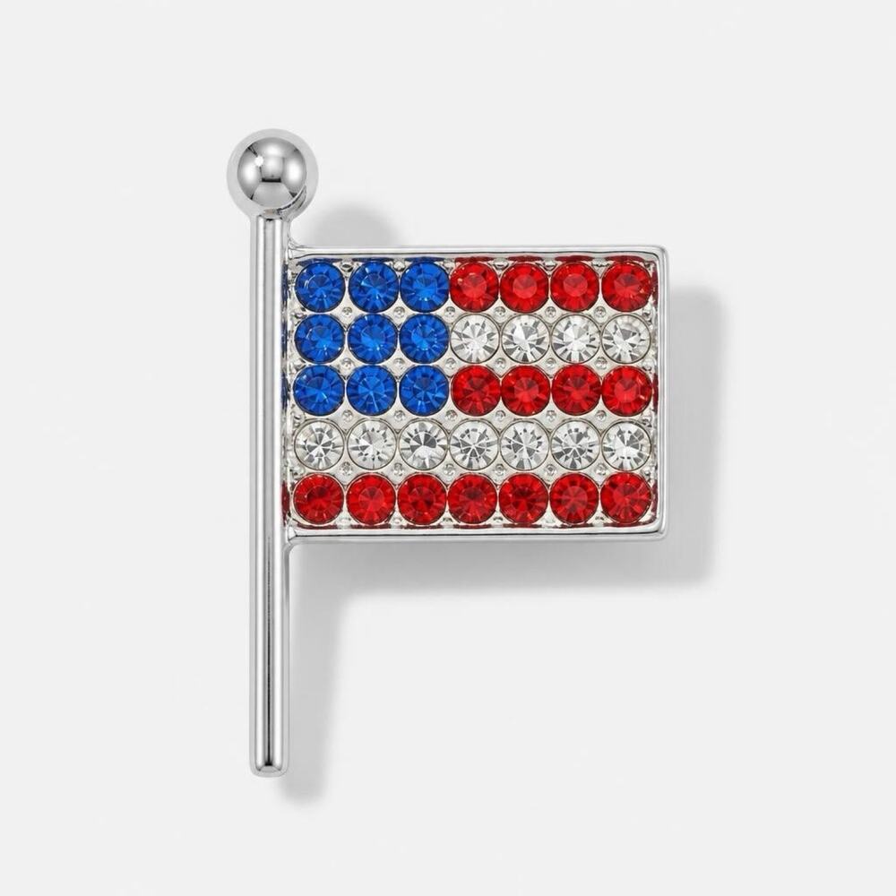 Rhinestone American Flag Brooch Pin Red White Blue Patriotic Sparkle 🎆